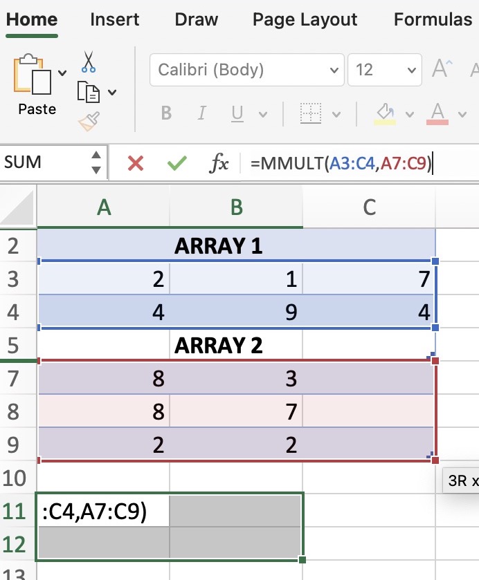 Screenshot of an MMULT function in Excel