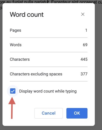 Screenshot of the word count menu in Google Docs and the checkbox for option "Display word count while typing"