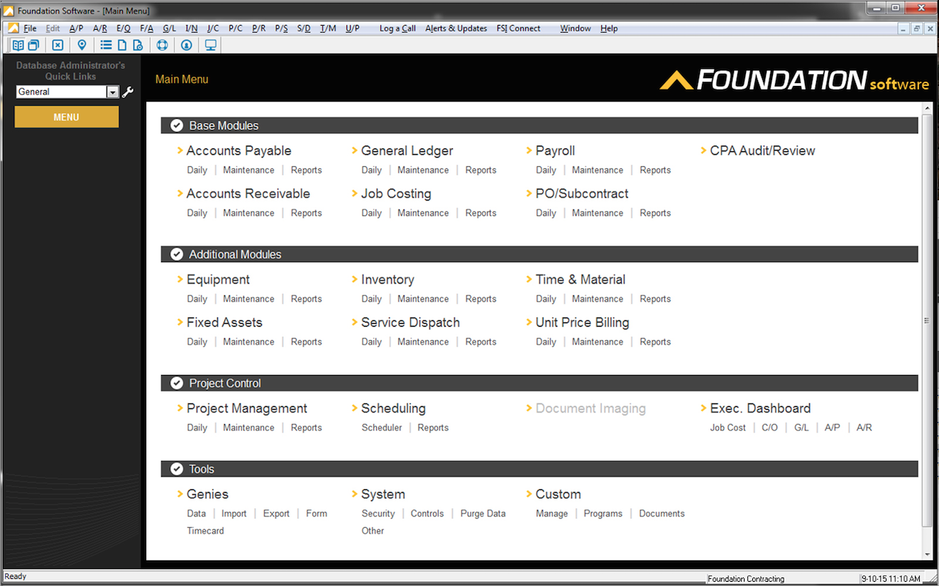 The main accounting menu in Foundation construction accounting software