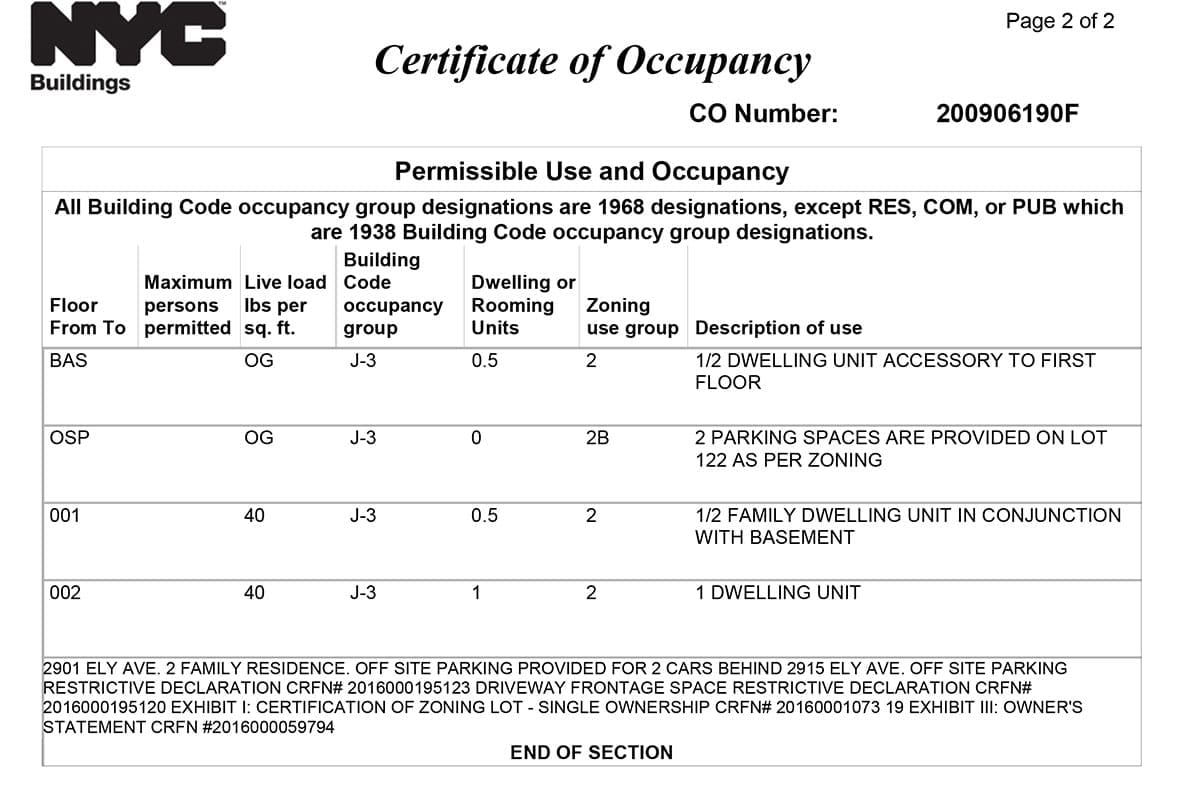 An example of a certificate of occupancy document