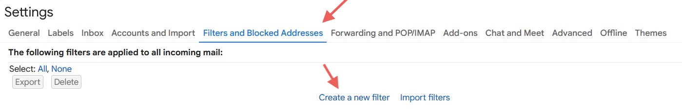 Select filters and blocked addresses, then create new filter