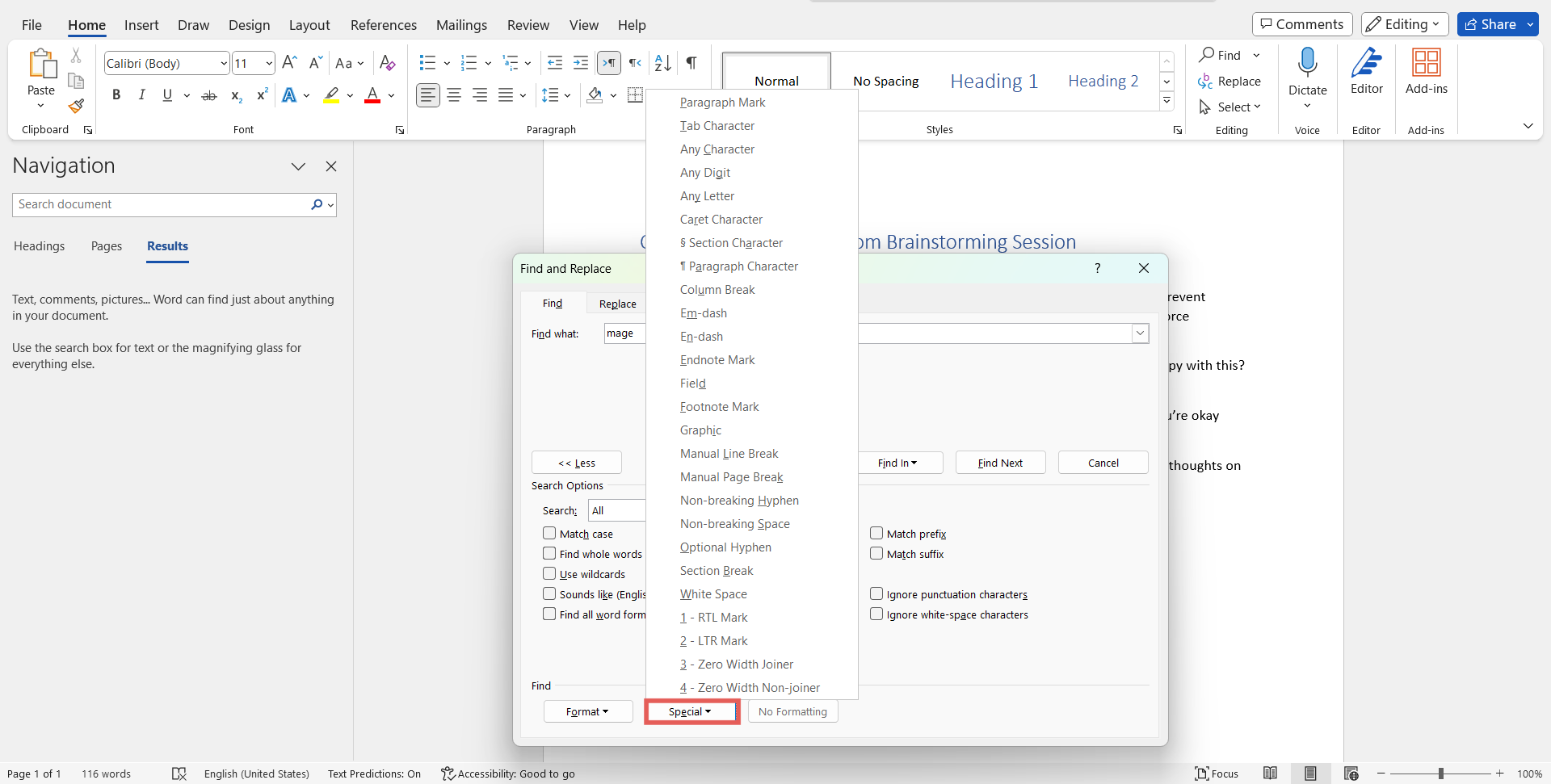 Special character list in the Find and Replace menu in Word