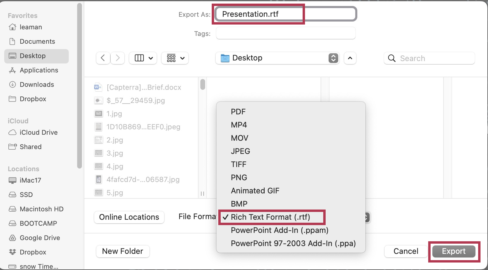 Choose the RTF file format and a location for your file in Ms PowerPoint