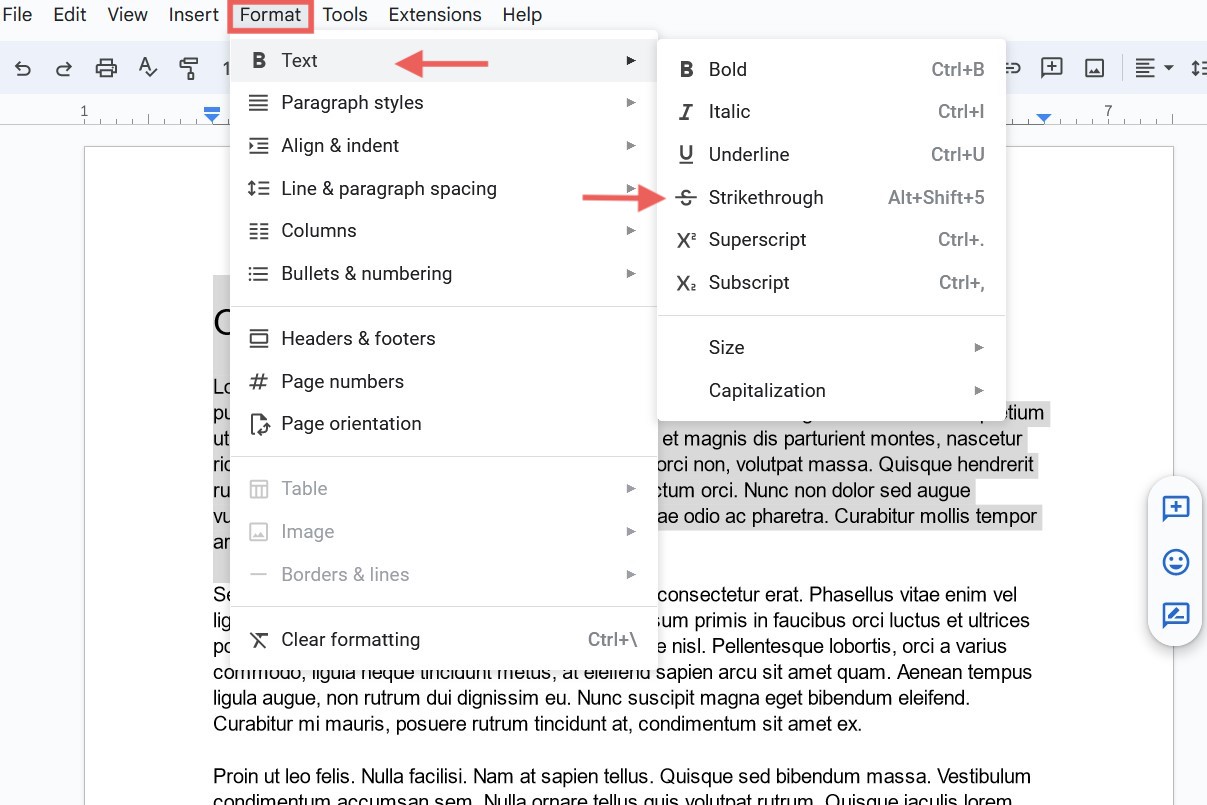 With your text selected, open the Format menu, then select Text, then Strikethrough screenshot