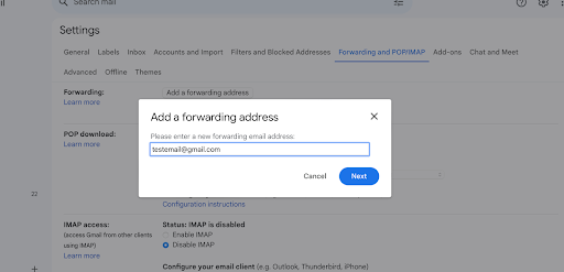 Enter your forwarding address in the space marked “Forwarding Address.” Gmail will send a confirmation email to this forwarding address to ensure security and consent.