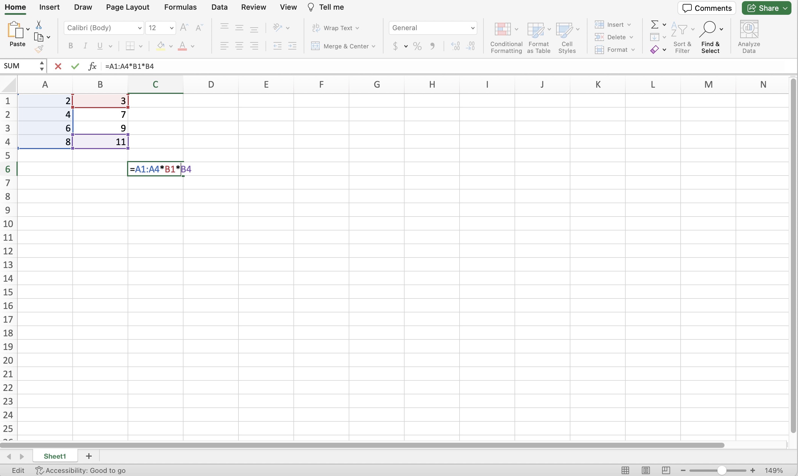 Screenshot of a sheet in Excel showing a multiplication formula using column ranges