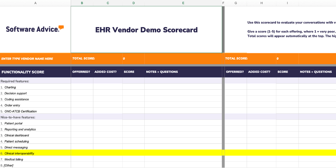 Screenshot of the EHR Vendor Demo Scorecard tool