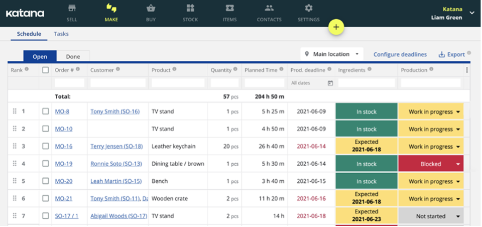 Real-time inventory tracking screen in Katana Manufacturing ERP software