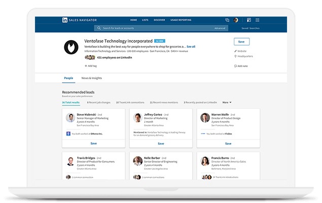 Feature recommending leads to pursue shown in marketing platform LinkedIn Sales Navigator