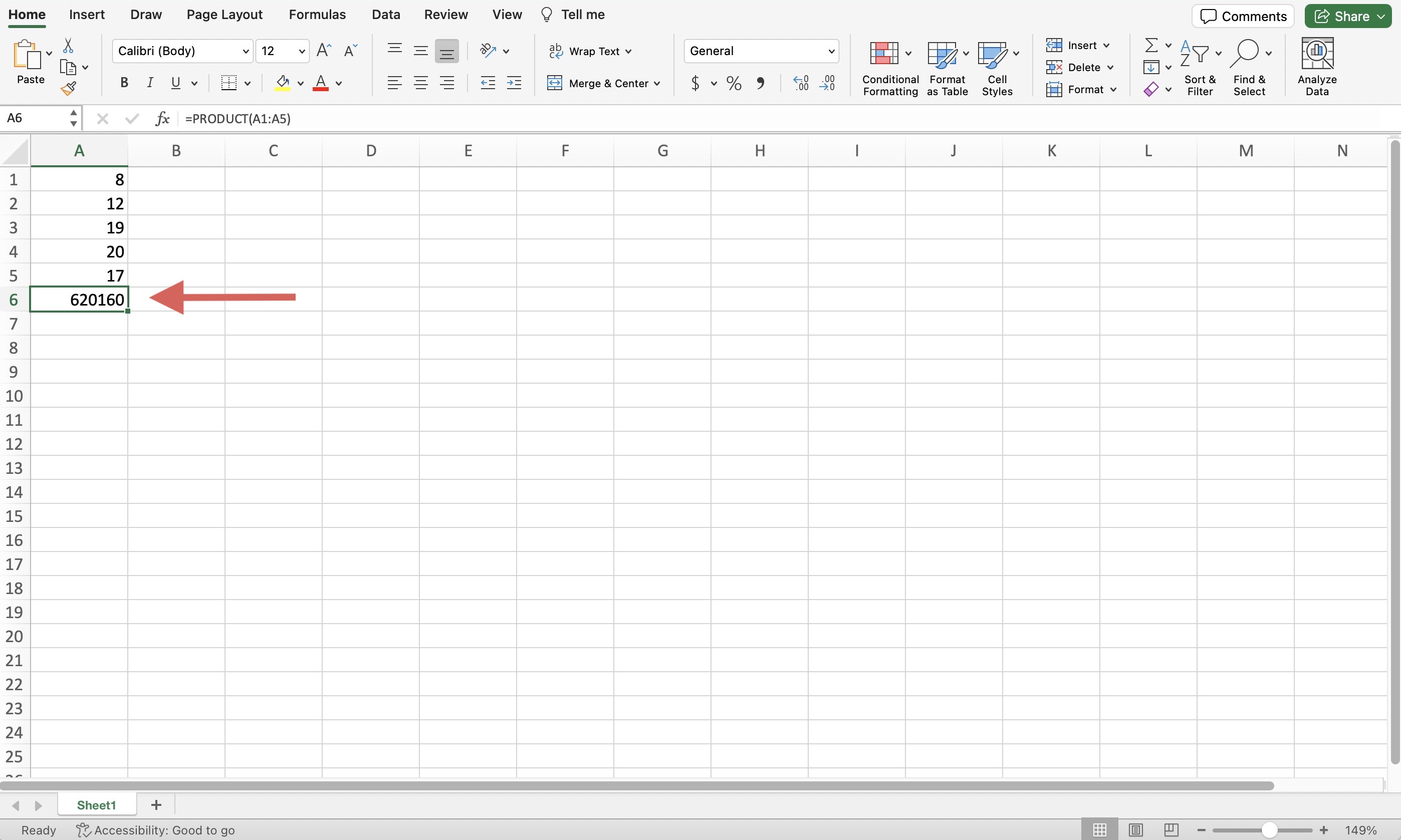 Screenshot of a sheet in Excel showing the multiplication result in cell A6