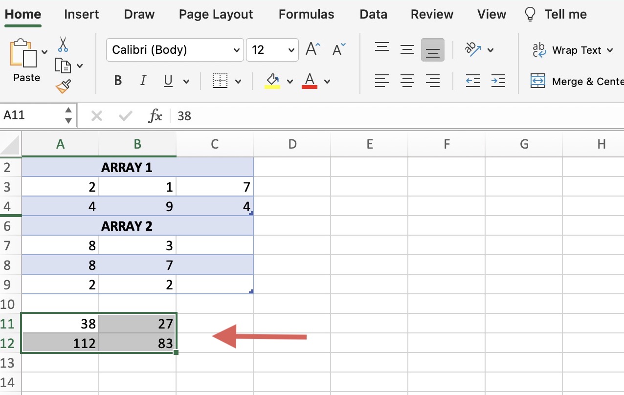 Screenshot of a sheet in Excel with two multiplied arrays 
