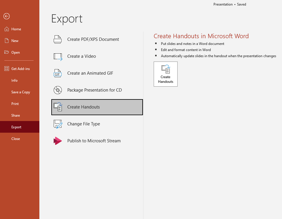 Choose Create Handouts from the export options