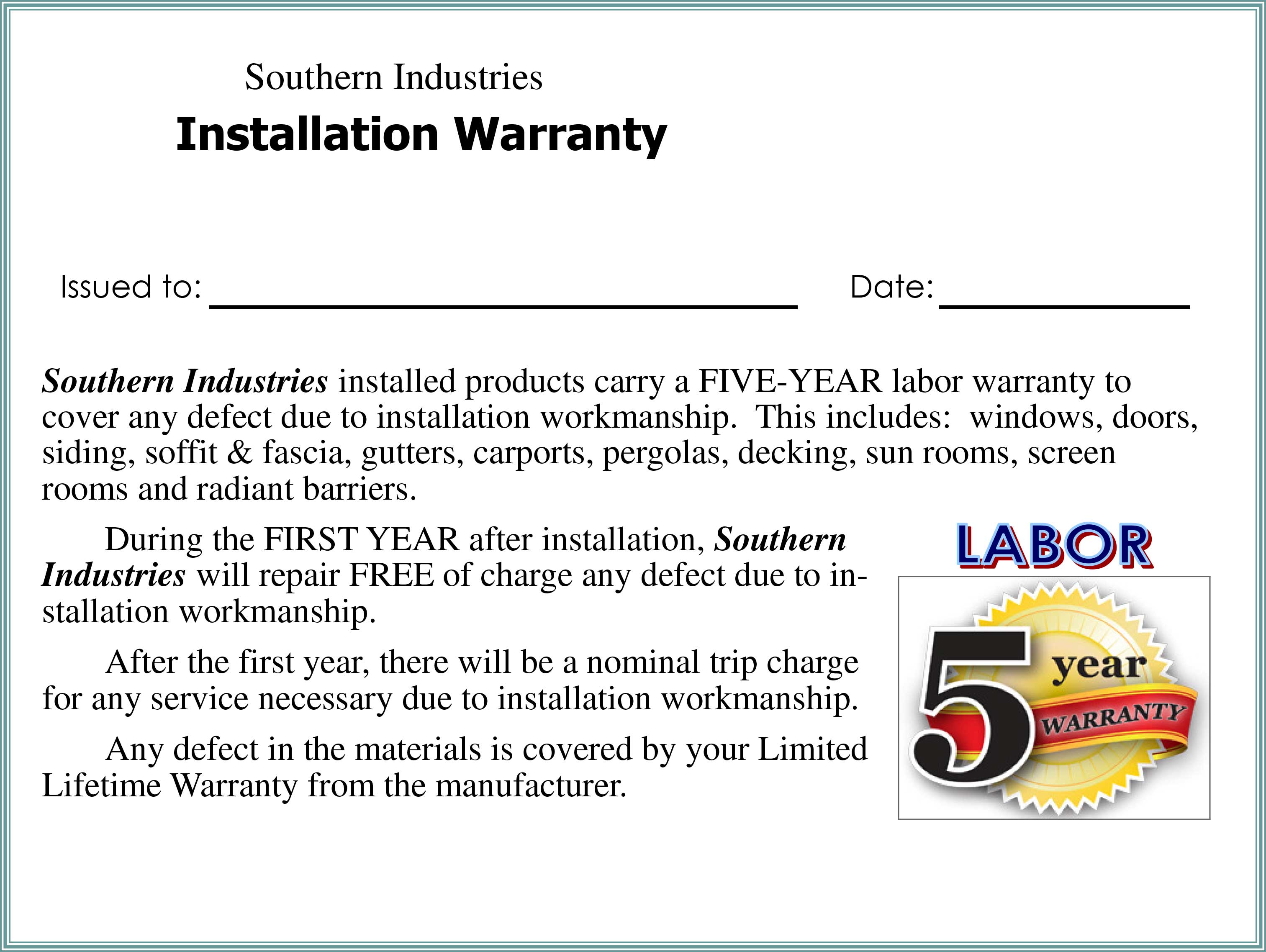 An example of a five-year installation warranty document