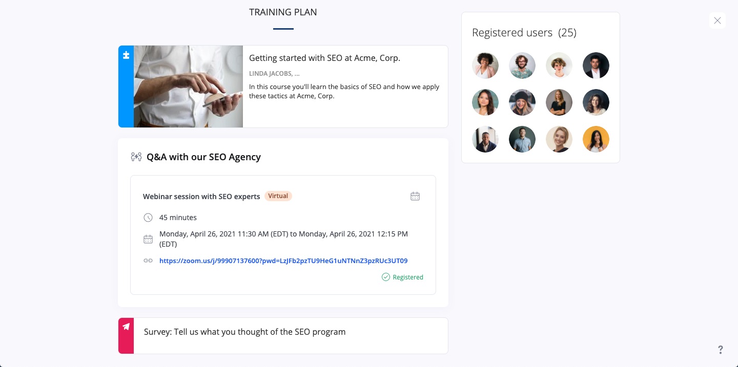 A screenshot shows a training plan and Q&A session hosted in 360Learning