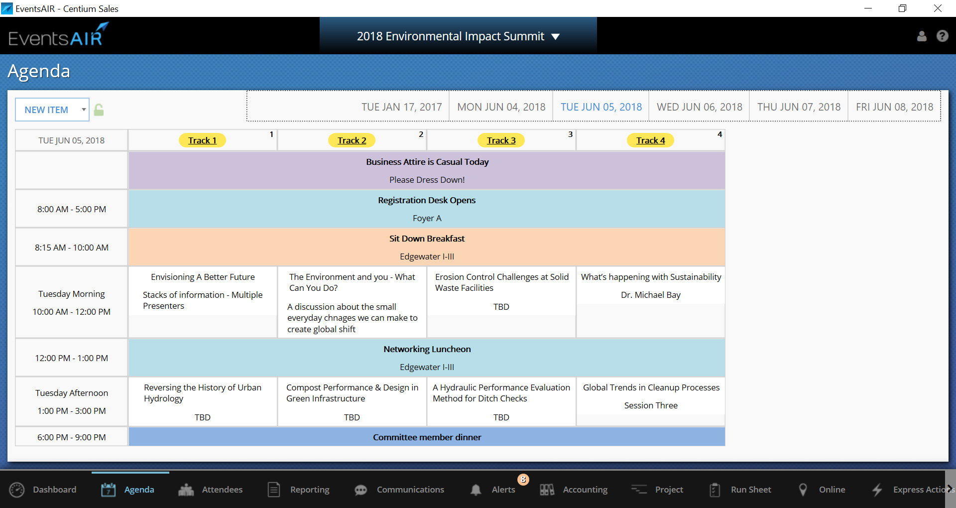 Planning an event agenda in event management platform EventsAIR