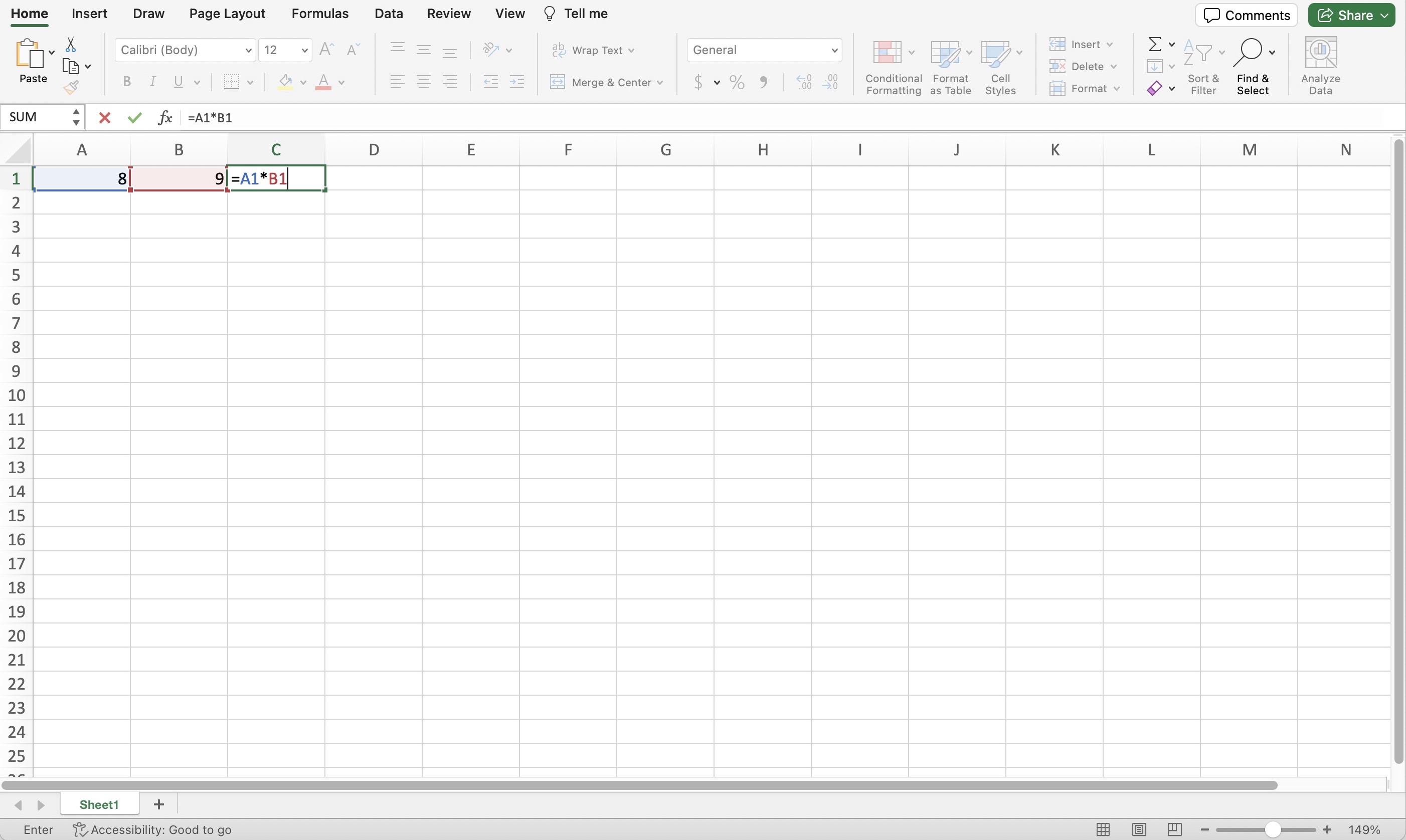 Screenshot of a sheet in Excel showing cell A1 multiplied by cell B1