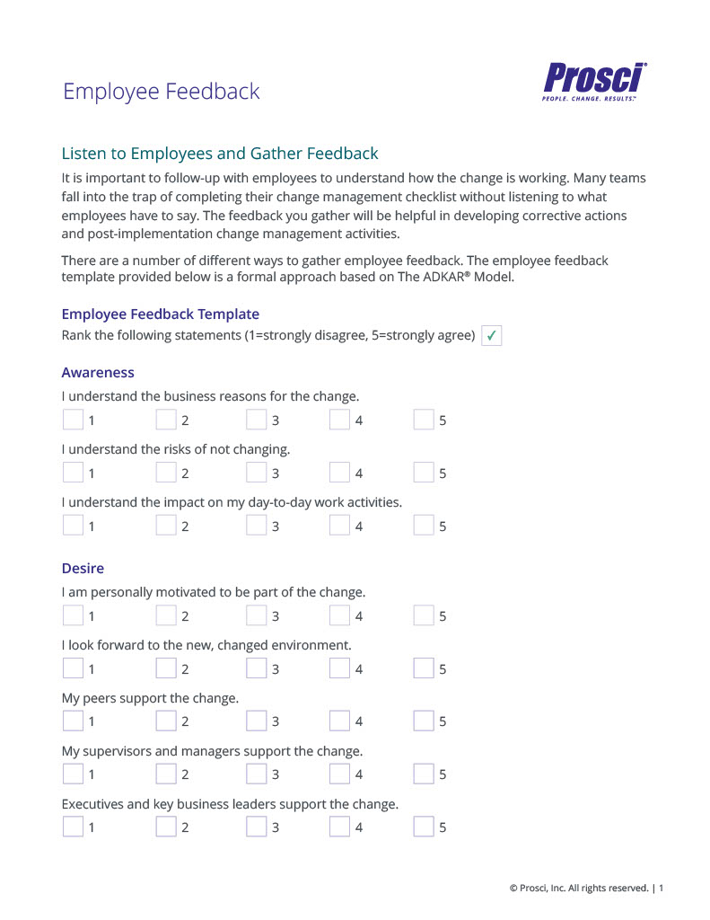 A survey template from Prosci that can be used to gather employee feedback