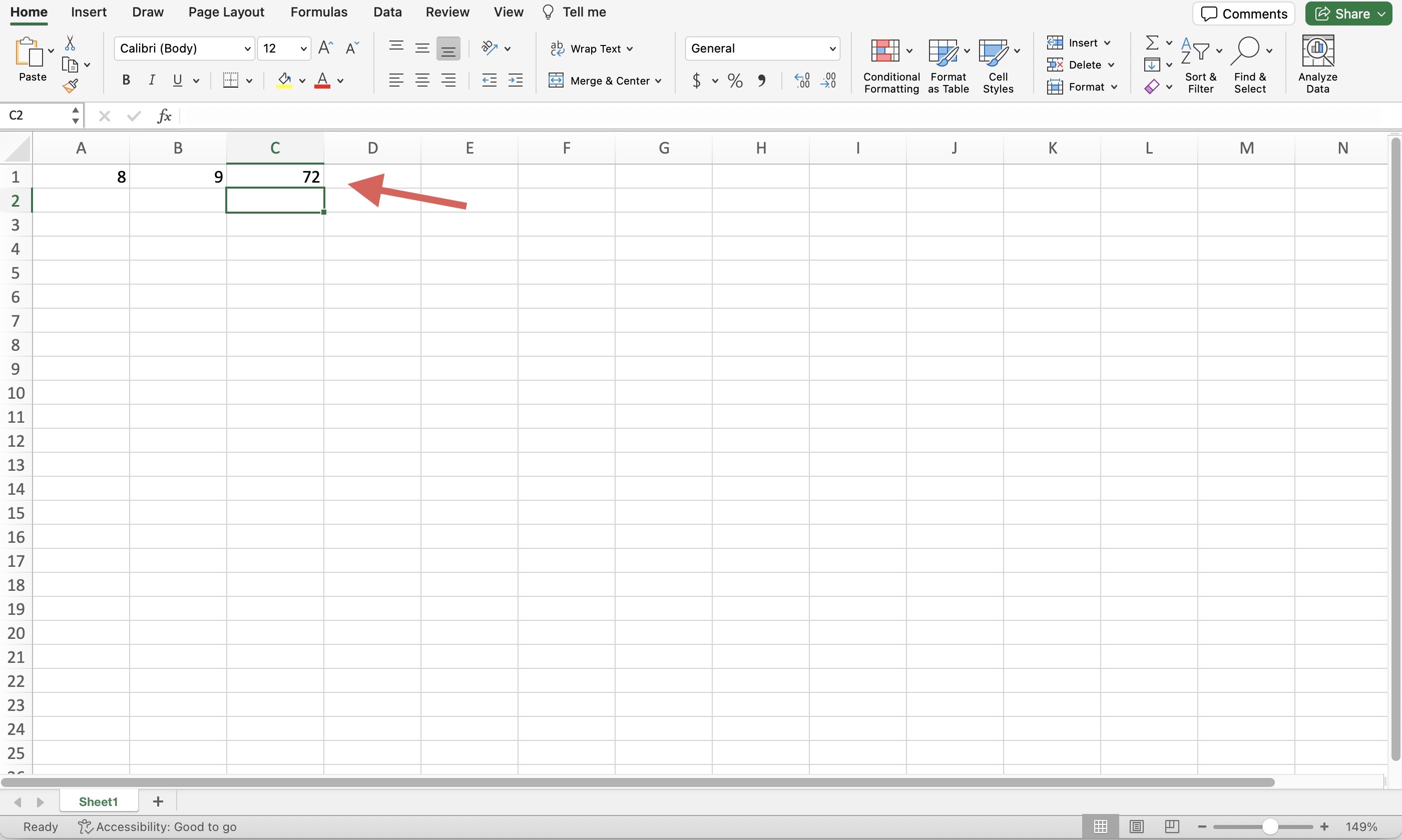 Screenshot of a sheet in Excel showing the multiplication result of cells A1 and B1