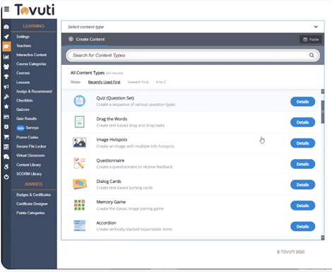 A range of content formats available to use in Tovuti LMS
