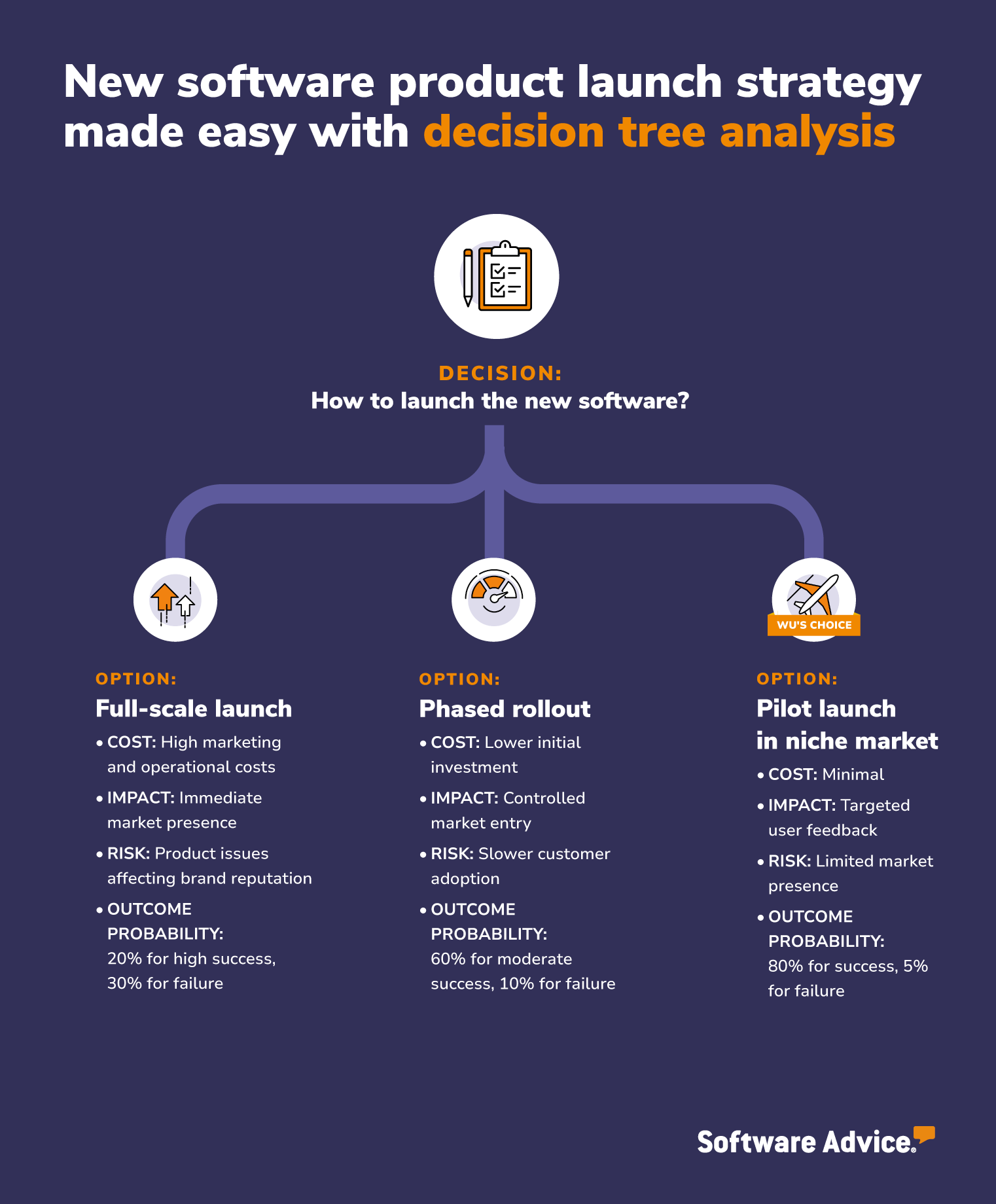 Graphic of new software product launch strategy made easy with decision tree analysis