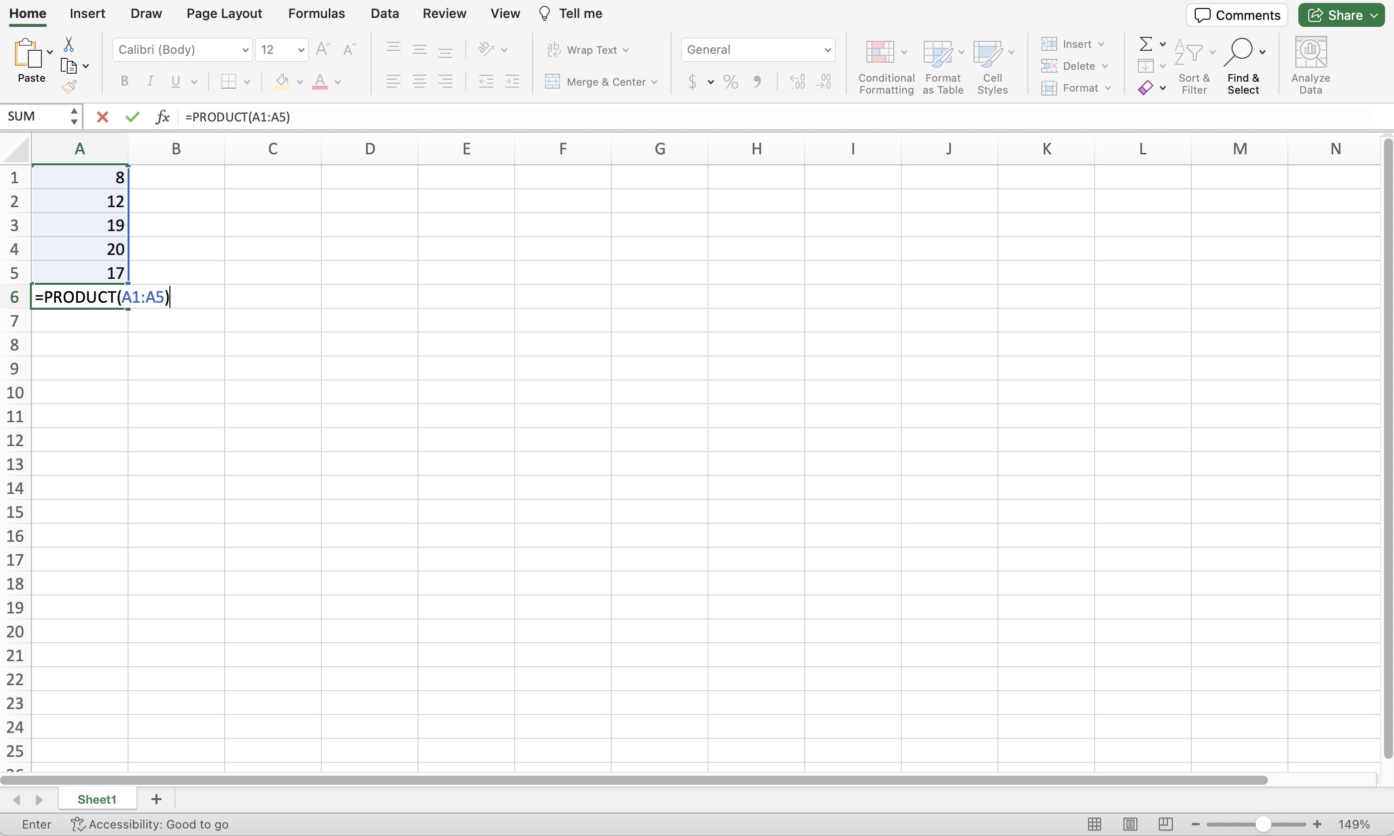 Screenshot of a sheet in Excel showing a PRODUCT function in a blank cell