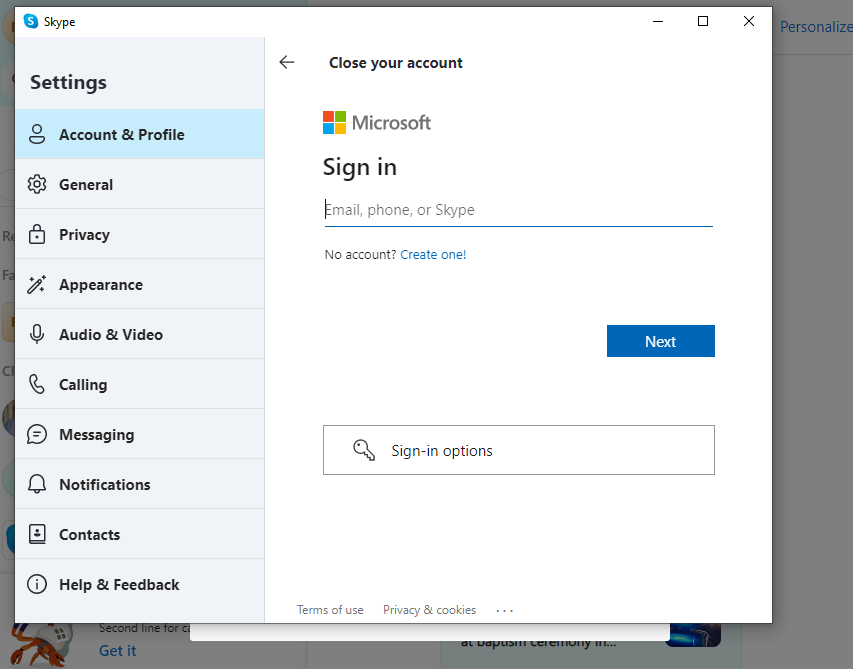 Sign in to your account to verify your Skype login information screenshot