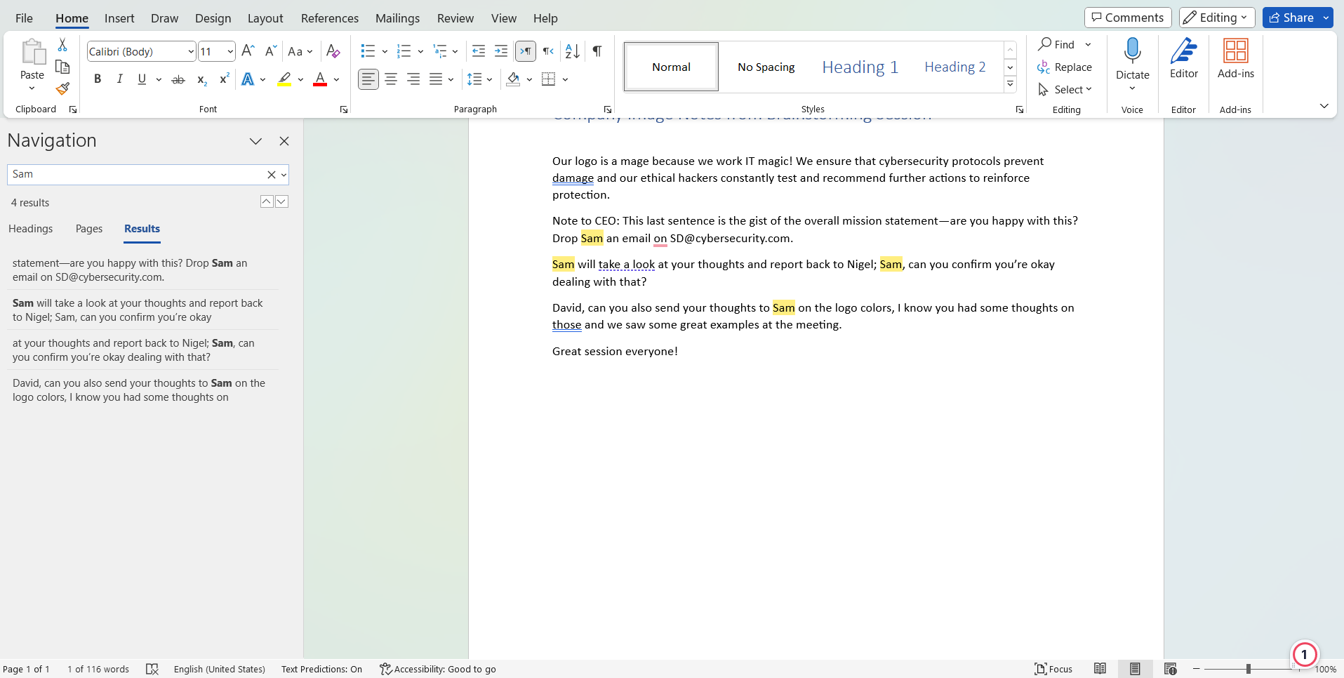 Screenshot of a document in Word with highlighted words found through the Find button