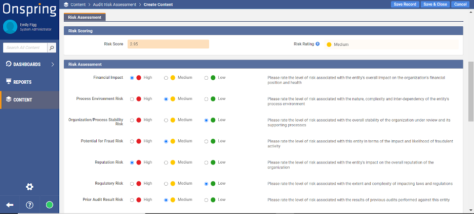 Screenshot of the Risk Assessment Register in Onspring
