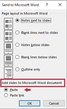 Screenshot of Send to Microsoft Word in Ms Powerpoint