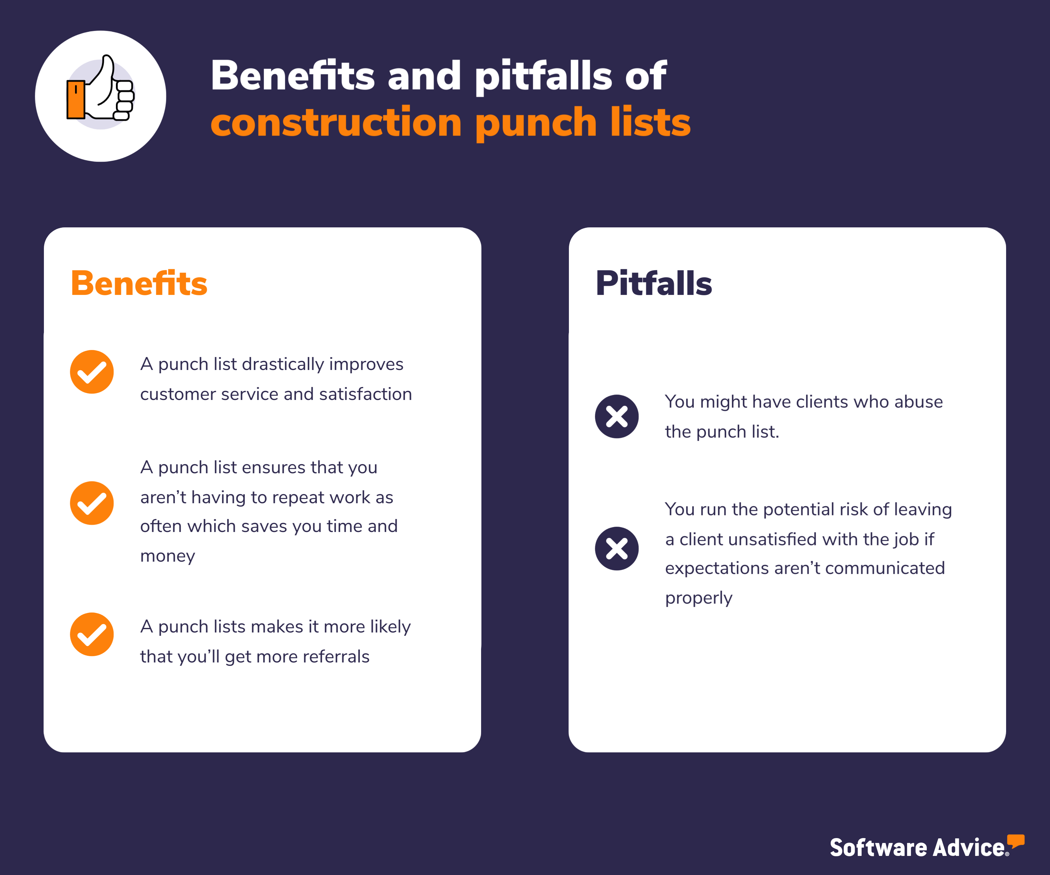 Software Advice graphic comparing the benefits and pitfalls of a construction punch list