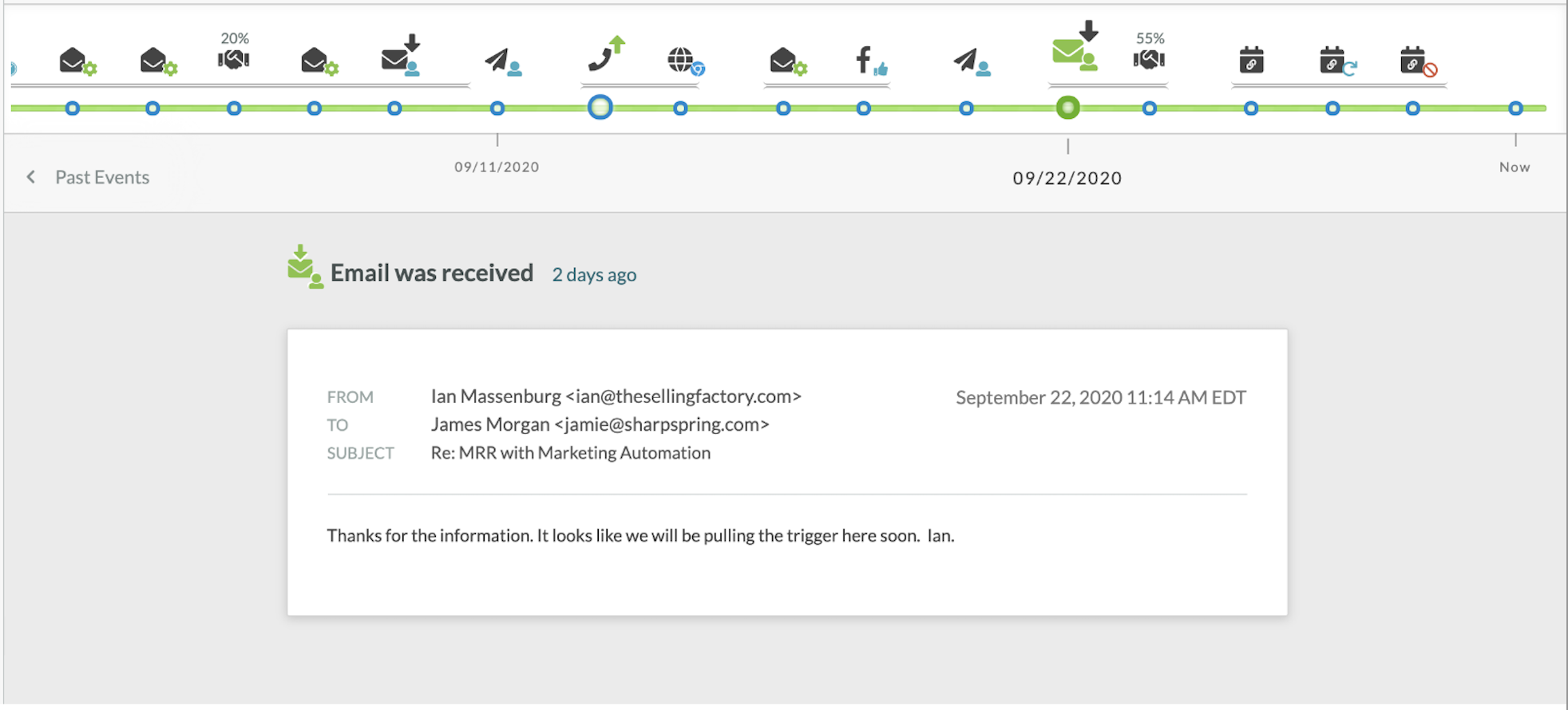 An example screen of an email received confirmation in lead gen software Lead Gen & CRM 