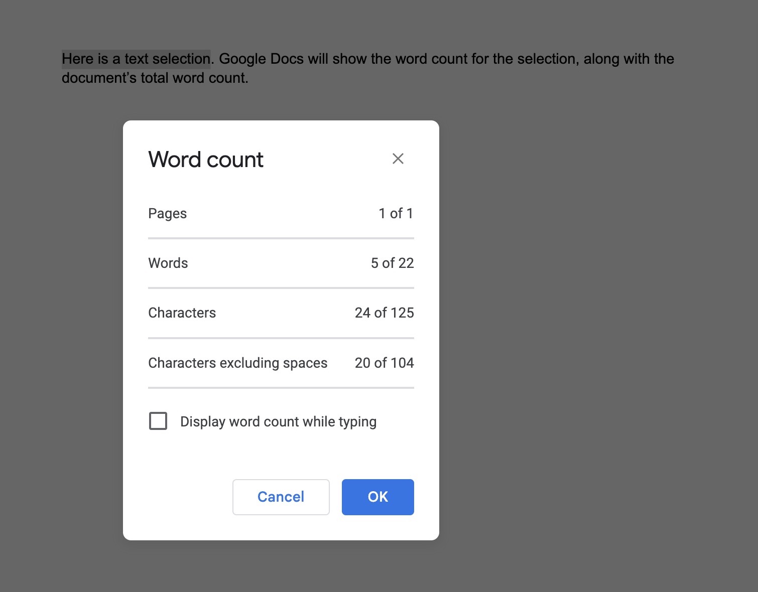 Screenshot of the word count menu for a selected block of text in Google Docs
