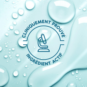 Logo "Cliniquement prouvé" sur fond bleu clair avec des gouttes d'eau dessus