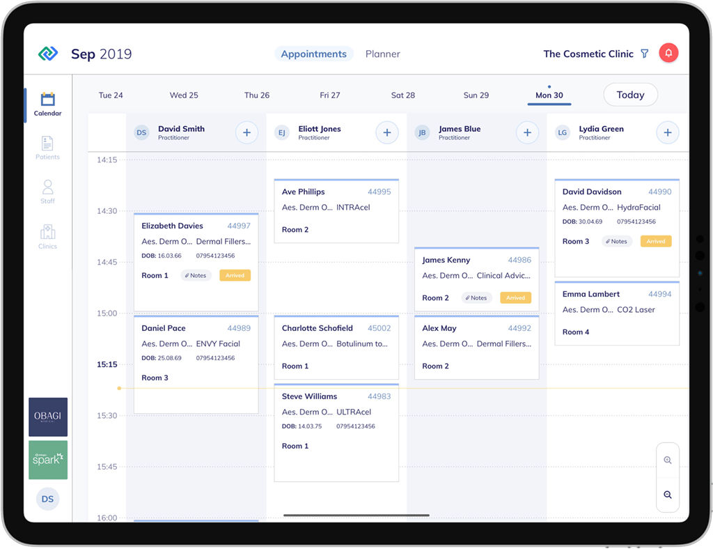 The Calendar function within the Clever Clinic iOS app on an iPad device