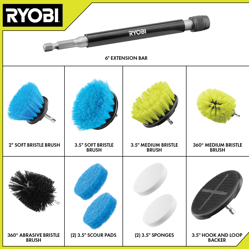 RYOBI 8 in. Hard Bristle Brush, 8 in. Medium Bristle Brush, & 8 in. Soft  Bristle Brush for RYOBI P4500 & P4510 Scrubber Tools  A95HB81-A95MB81-A95SB81 - The Home Depot
