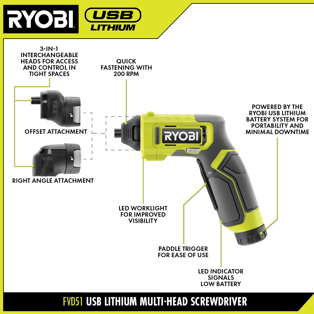 USB LITHIUM MULTI-HEAD SCREWDRIVER | RYOBI Tools