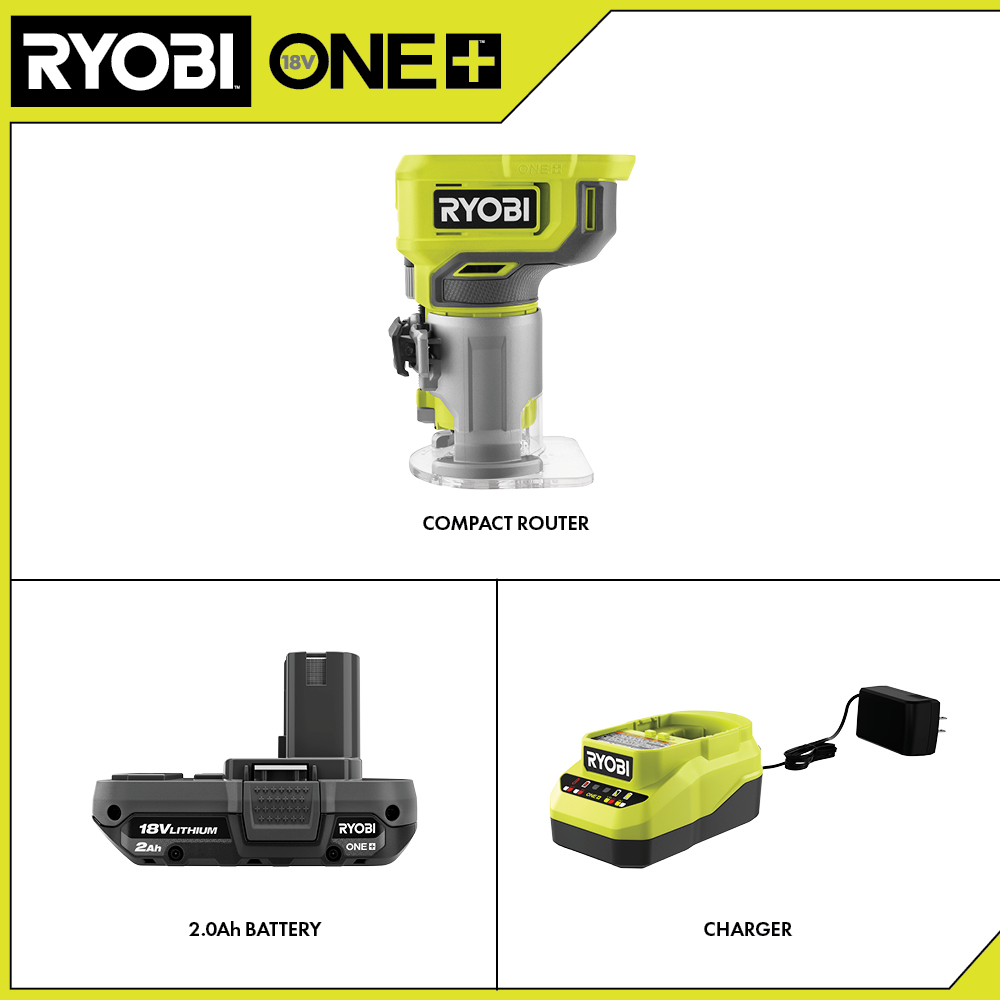 RYOBI 18V ONE+ Cordless Compact Router Kit with 2.0 Ah Battery and