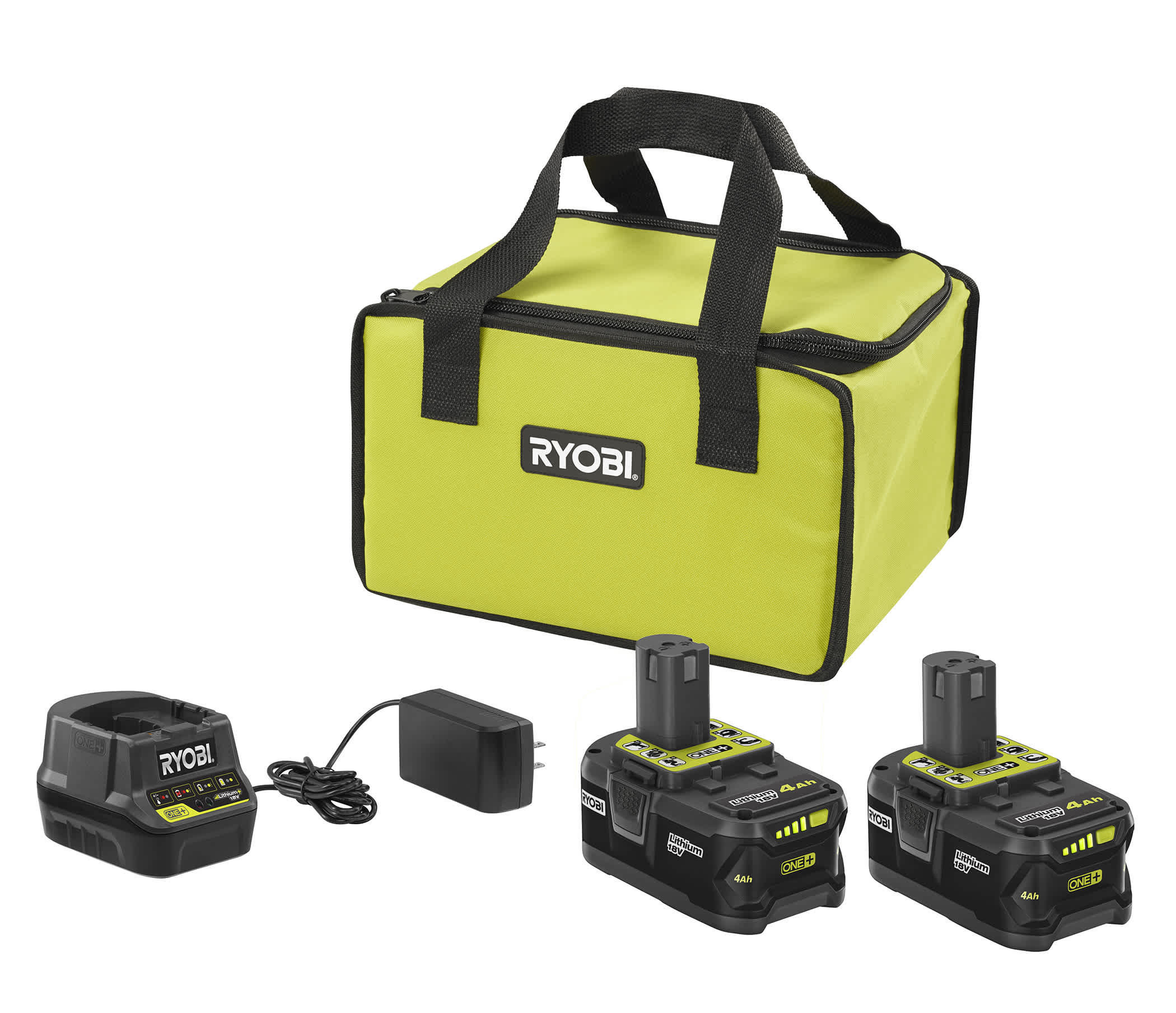 Feature Image for 18V ONE+ Lithium-Ion High Capacity 4.0 Ah Battery (2-Pack) Starter Kit with Charger and Bag.