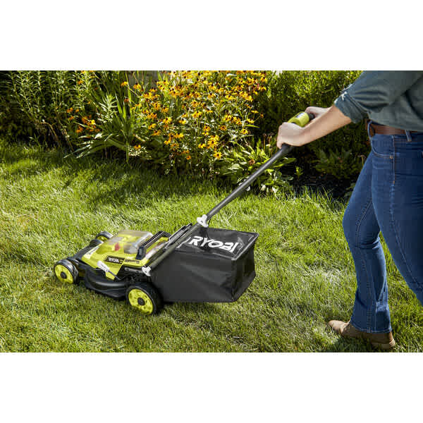 Product Features Image for 18V ONE+ Lithium-Ion Cordless 13-inch Walk Behind Push Lawn Mower Kit with 4.0 Ah Battery & Charger.