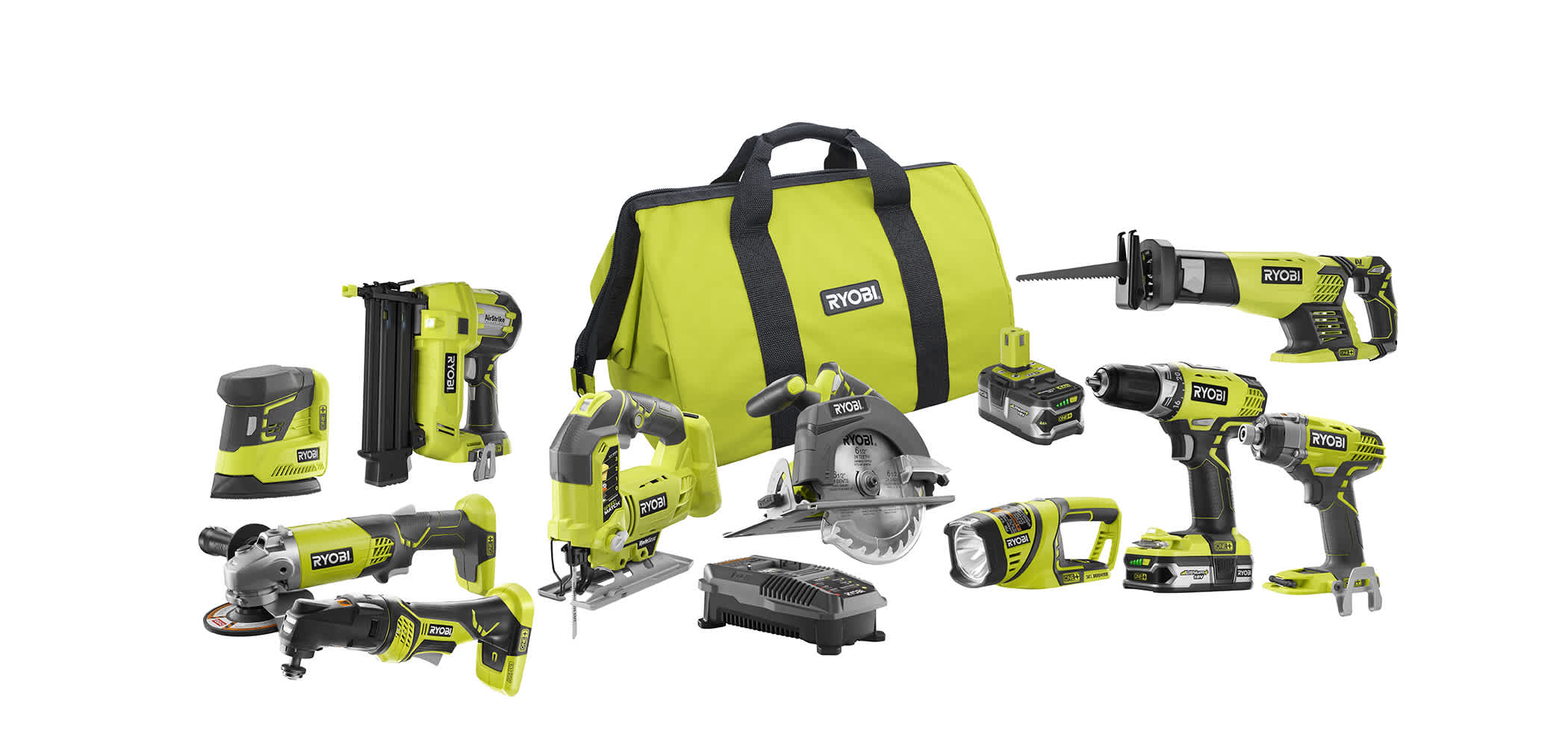 Feature Image for RYOBI 18V ONE+ Lithium-Ion Cordless Combo Kit (10-Tool) with (1) 4.0 Ah Battery & (1) 1.5 Ah Battery.