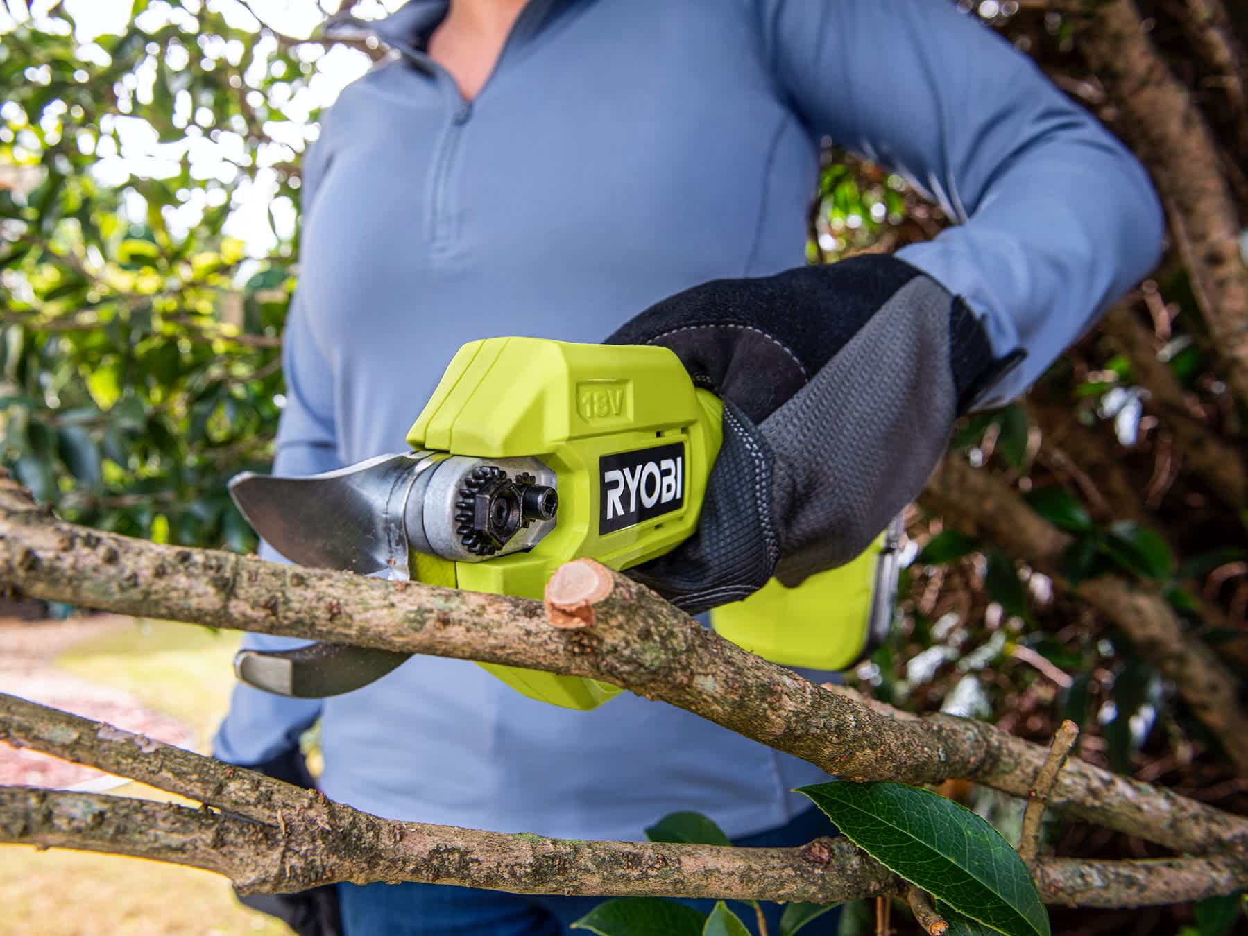Product Features Image for 18V ONE+ Lithium-Ion Cordless Pruning Shear Kit with 2.0 Ah Battery and Charger.