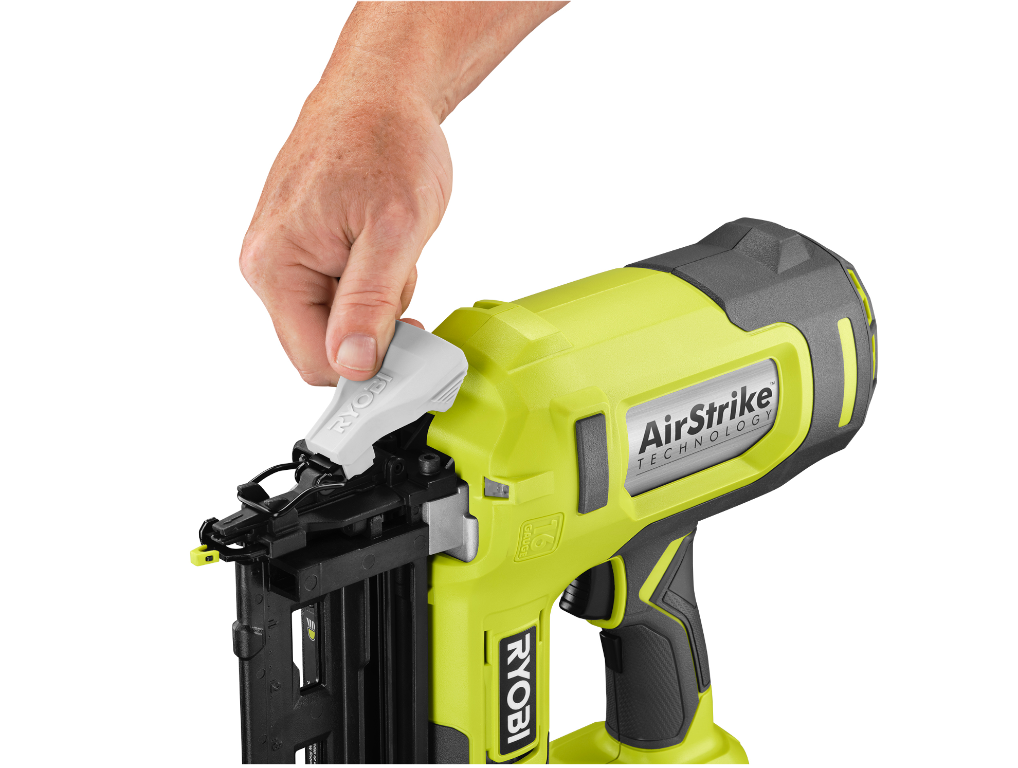 Product Features Image for 18V ONE+ AIRSTRIKE 16GA FINISH NAILER KIT (BATTERY AND CHARGER).
