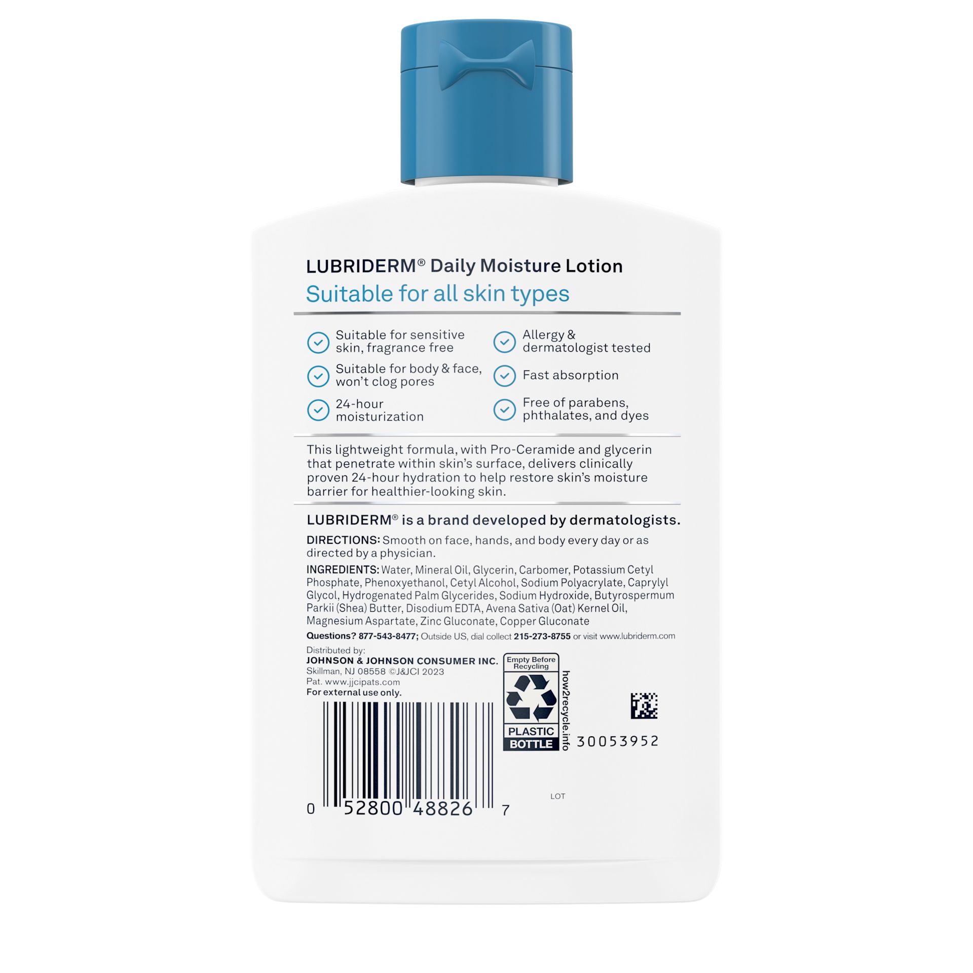 Back Pack shot of Lubriderm® Daily Moisture Lotion Fragrance-Free 6 oz