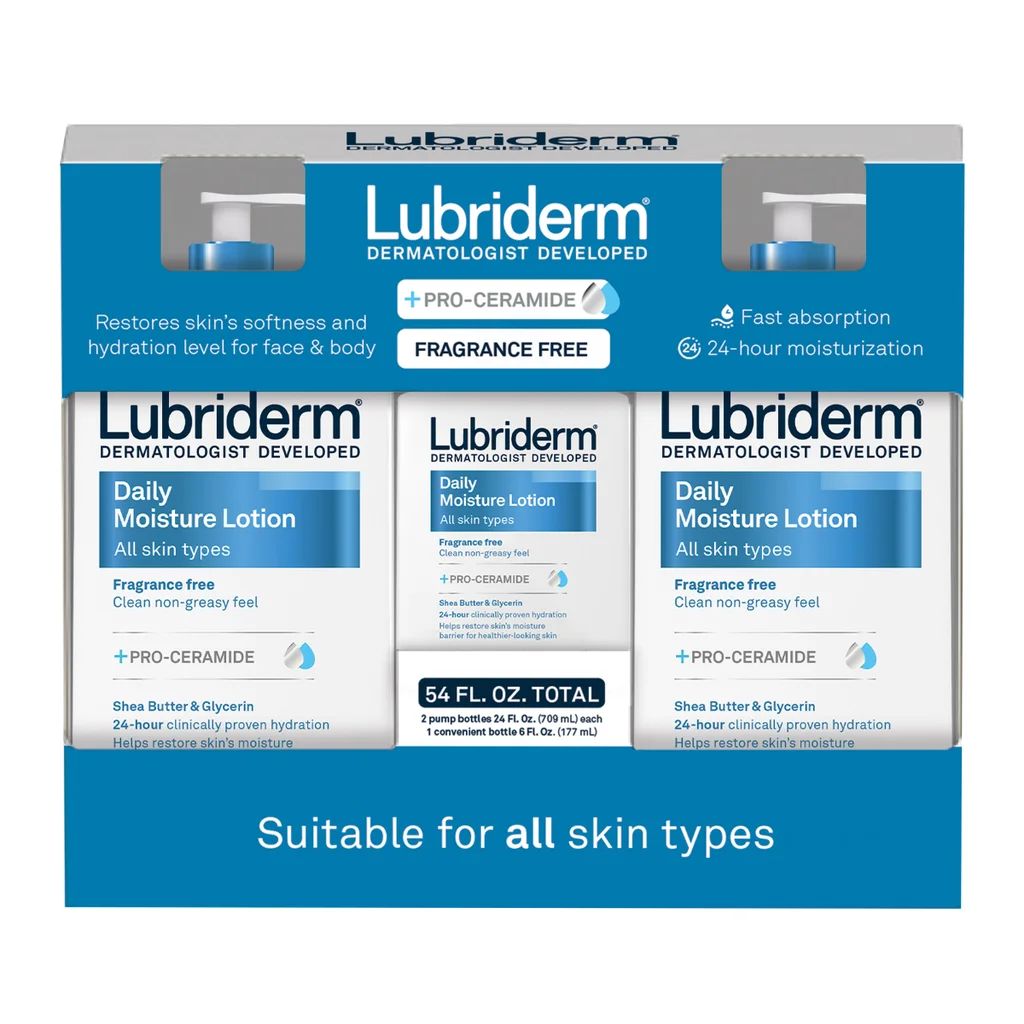 Front Pack shot of Lubriderm® Daily Moisture Lotion Fragrance-Free 24 fl oz, 2-count + 6 fl oz
