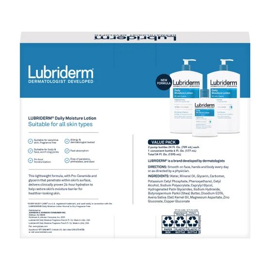 Back Pack shot of Lubriderm® Daily Moisture Lotion Fragrance-Free 24 fl oz, 2-count + 6 fl oz
