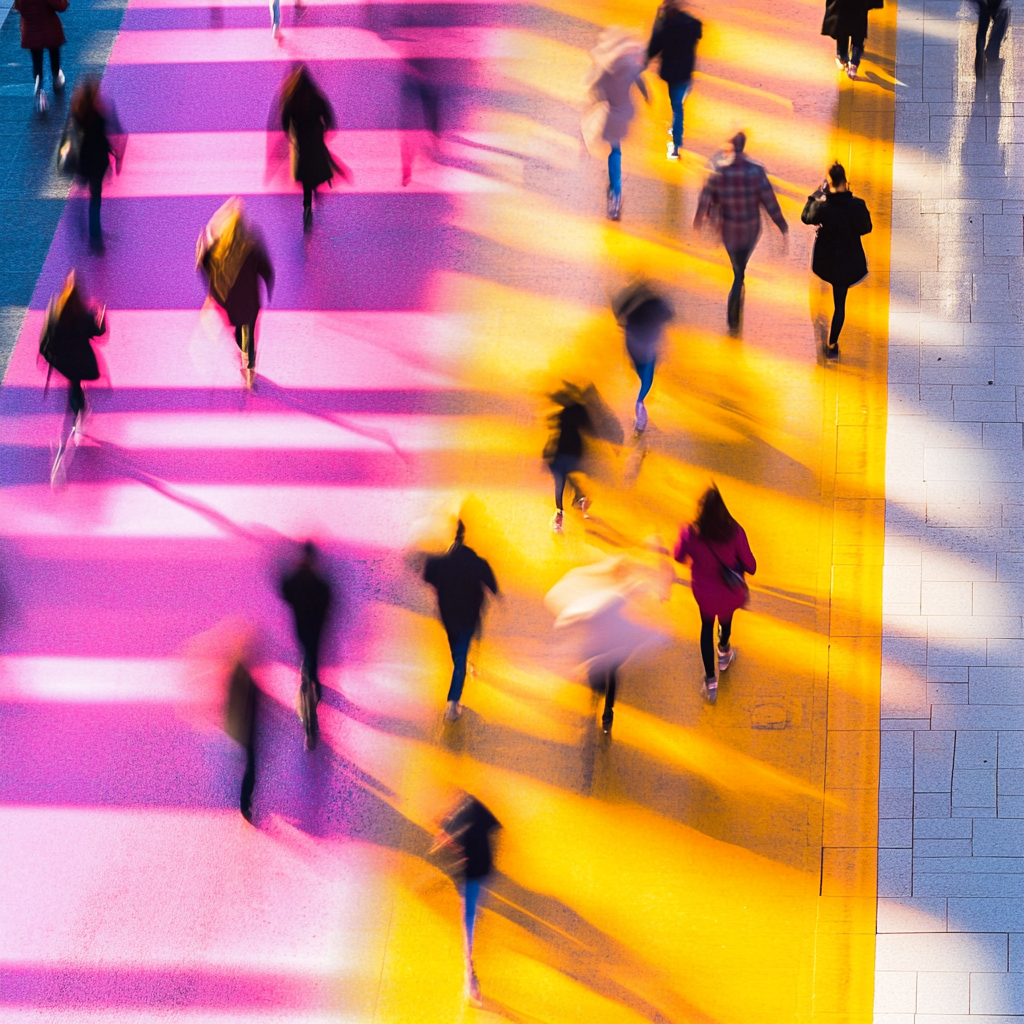 top view of people crossing a street on a sunny morning