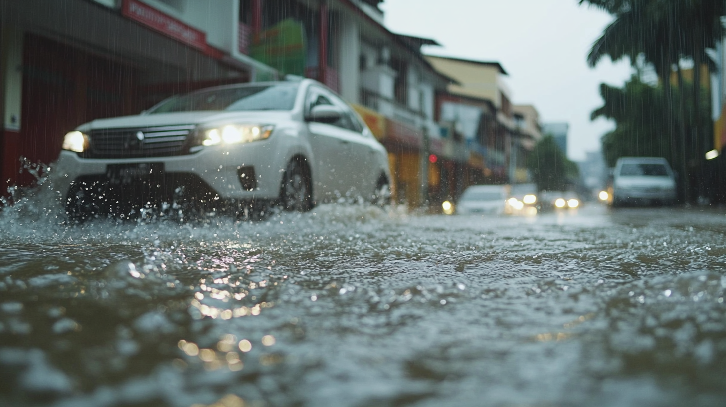 malaysian street under flood in the morning rain drops