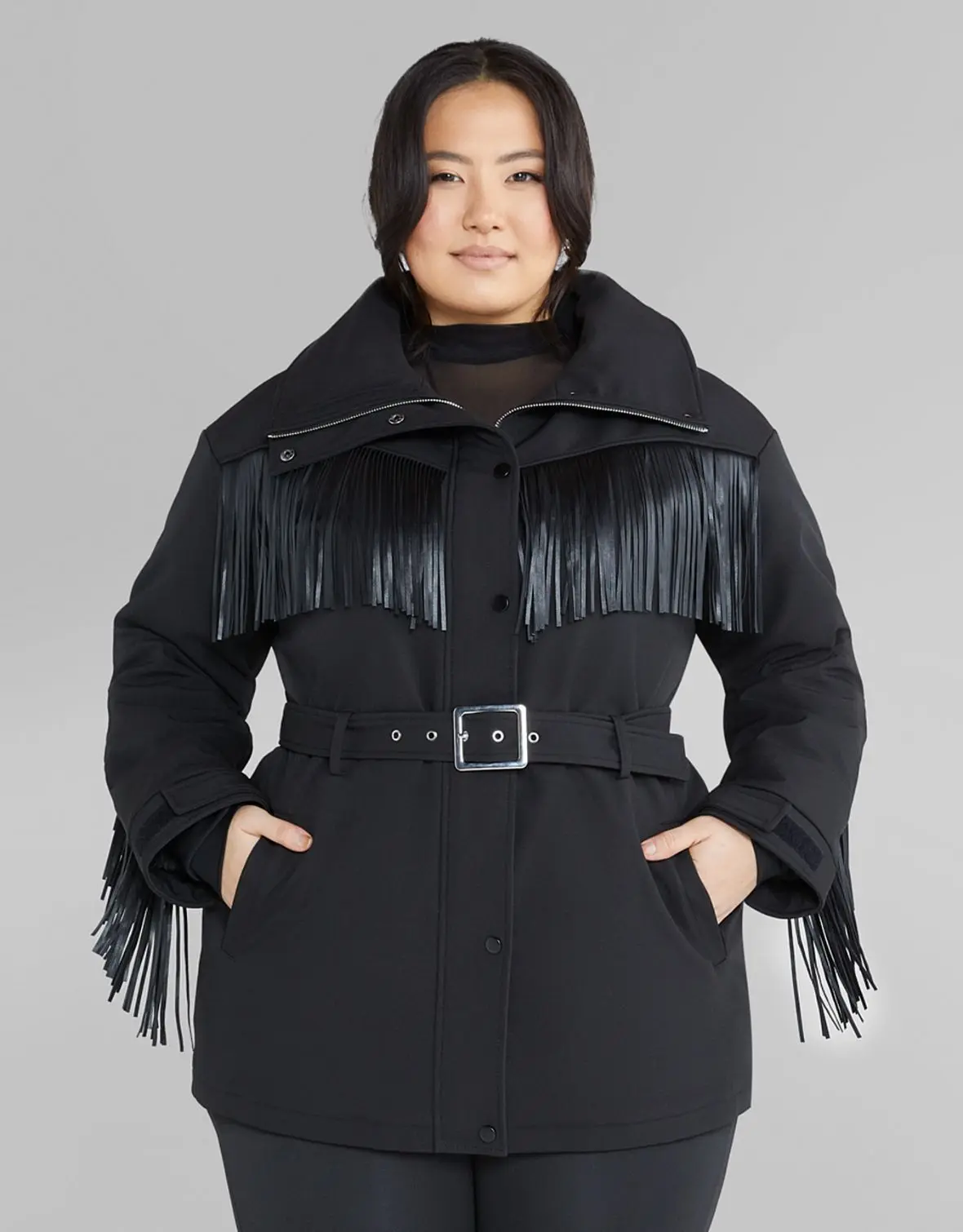 Woman wearing plus size winter jacket