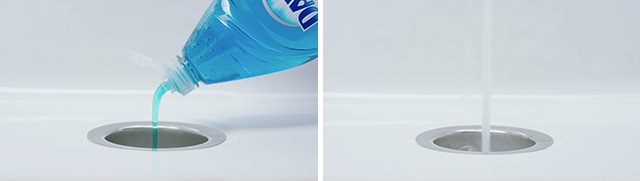 Dawn being poured into drain and faucet water running into drain