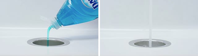 Dawn being poured into drain and faucet water running into drain